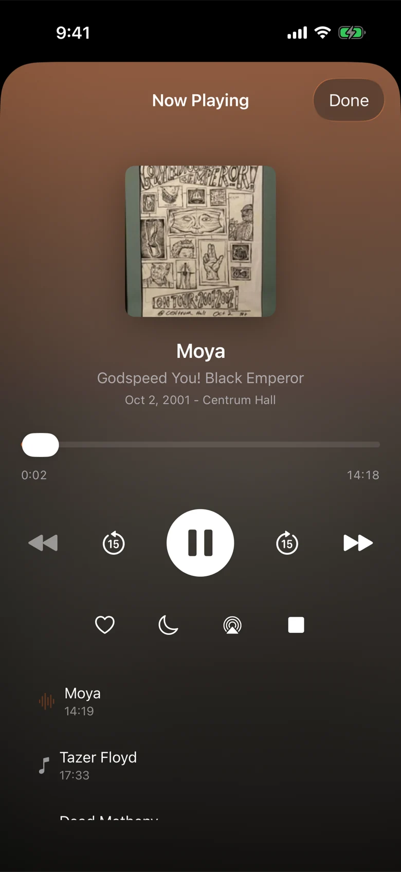 AJ Tapes Now Playing screen on iPhone, streaming a Godspeed You! Black Emperor recording with playback controls and track list