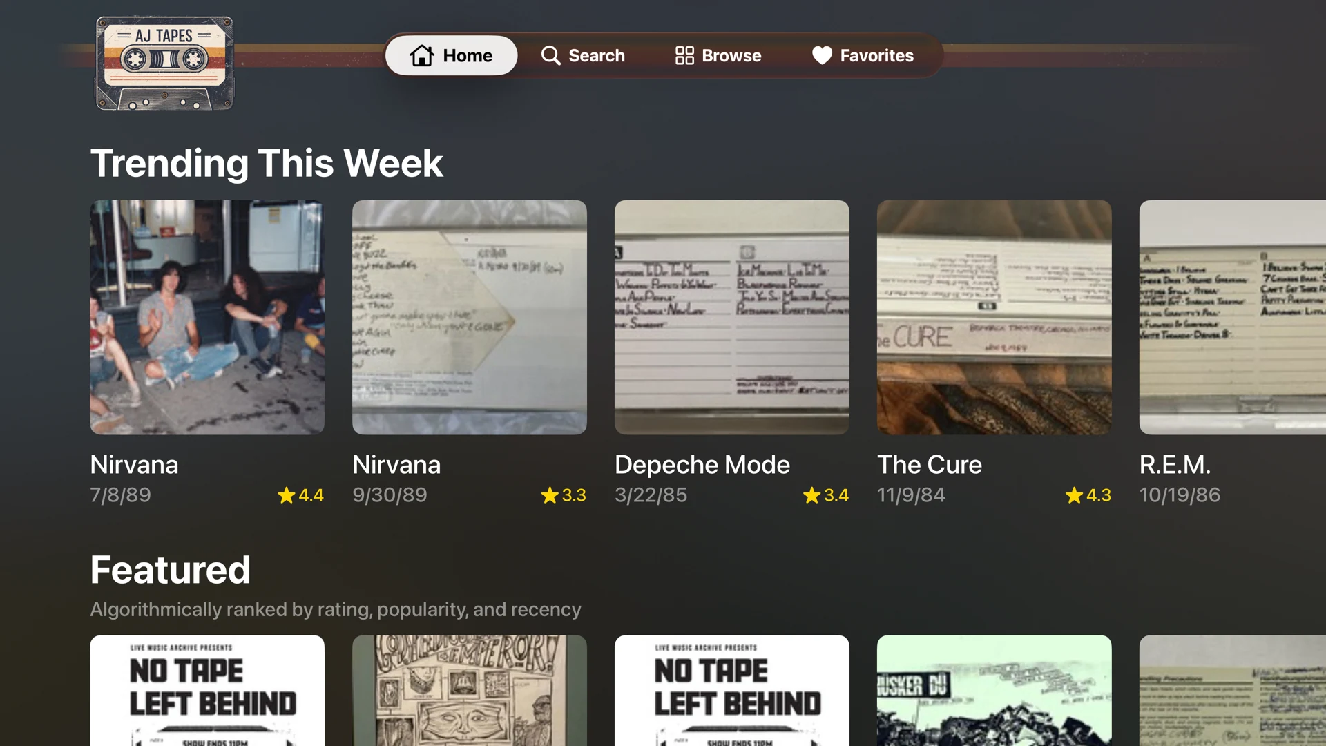 AJ Tapes home screen on Apple TV, showing Trending This Week and Featured rows of live recordings