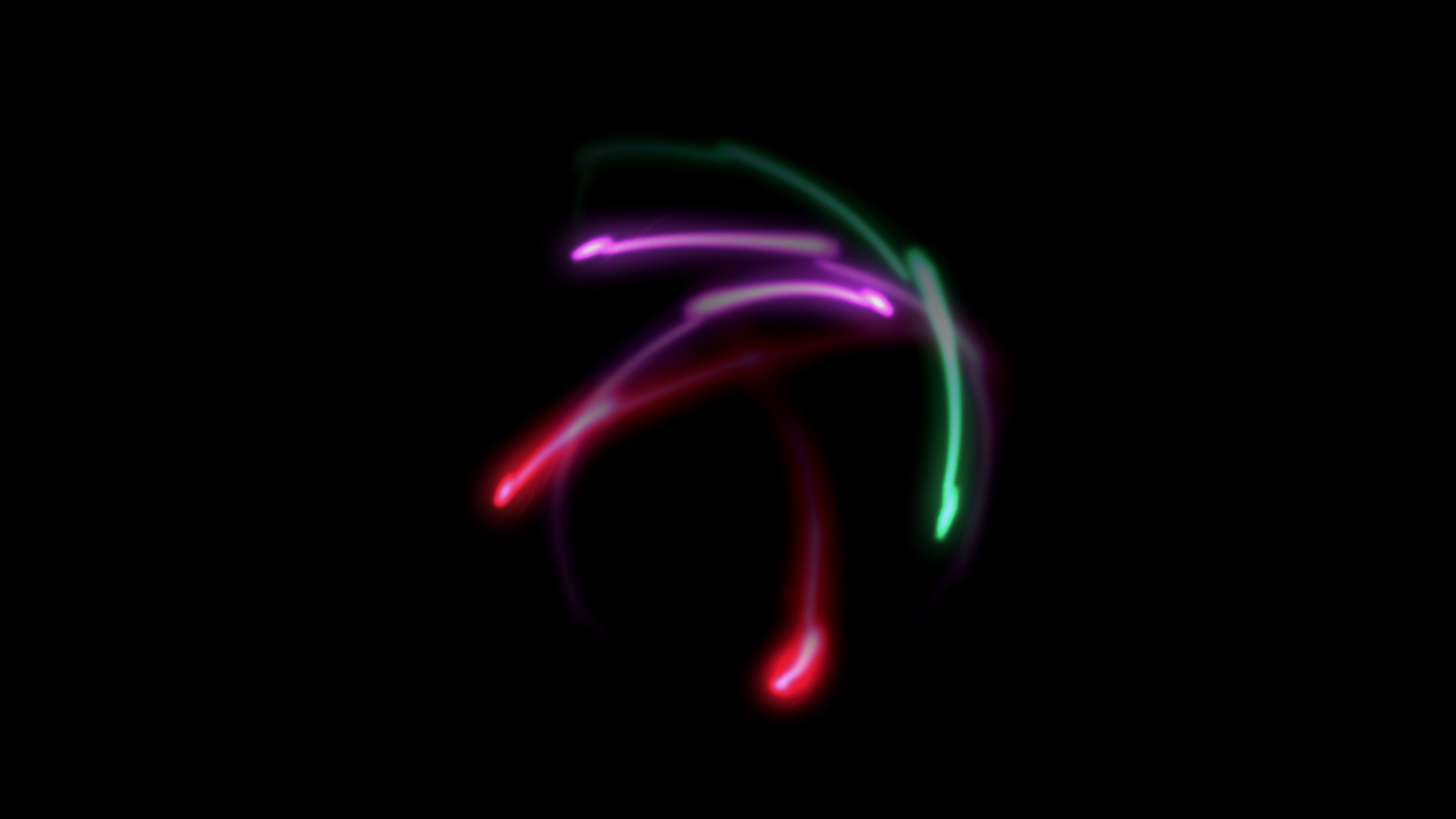 Violet, red and green strokes curling like calligraphy